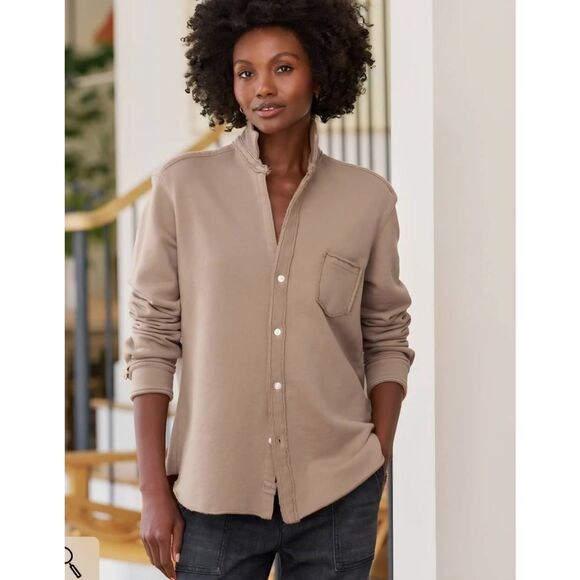 Frank & Eileen  Eileen Sweatshirt Button Up Triple Fleece in toasted brown/tan s - Picture 1 of 5